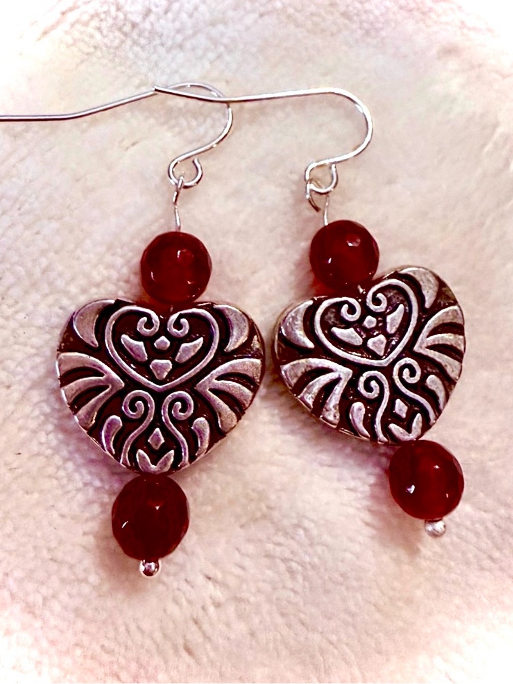 koreanna Scrollwork Heart Earrings with Red Czech Glass Accents